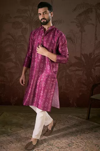 Men purple silk blend floral printed straight kurta