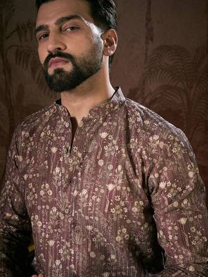 Men mauve silk blend floral printed straight kurta 2