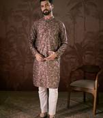Men mauve silk blend floral printed straight kurta
