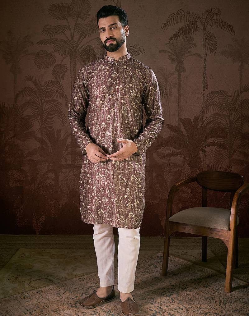 Men mauve silk blend floral printed straight kurta
