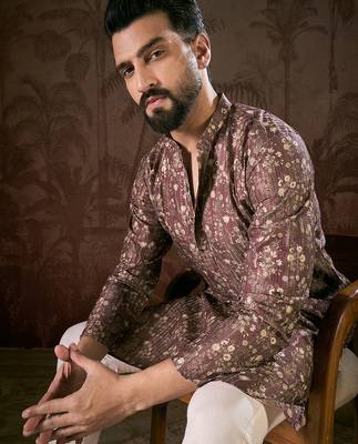 Men mauve silk blend floral printed straight kurta 3
