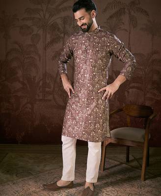 Men mauve silk blend floral printed straight kurta 5