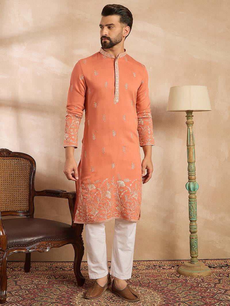 Men peach vartican solid embroidered straight kurta