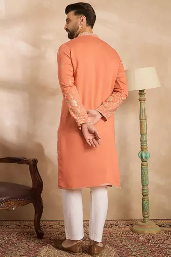 Men peach vartican solid embroidered straight kurta