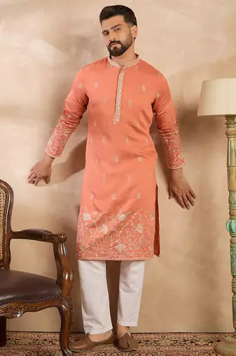 Men peach vartican solid embroidered straight kurta