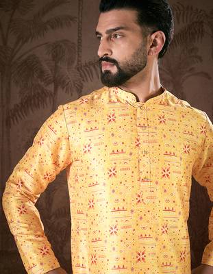 Men yellow silk blend ethnic motifs printed straight kurta 2