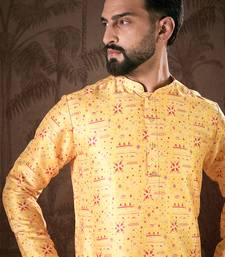 Men yellow silk blend ethnic motifs printed straight kurta