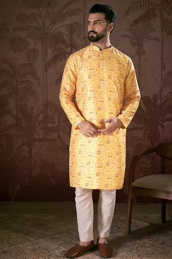 Men yellow silk blend ethnic motifs printed straight kurta