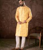 Men yellow silk blend ethnic motifs printed straight kurta