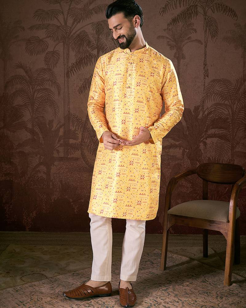 Men yellow silk blend ethnic motifs printed straight kurta