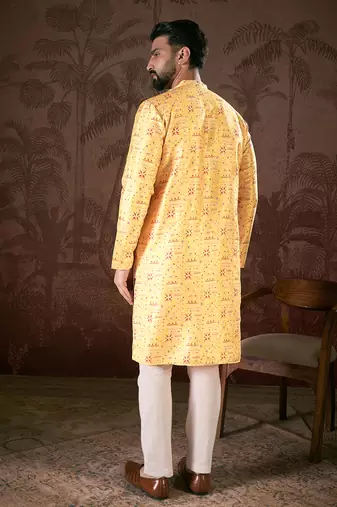 Men yellow silk blend ethnic motifs printed straight kurta