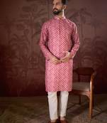 Men pink silk blend ethnic motifs printed straight kurta