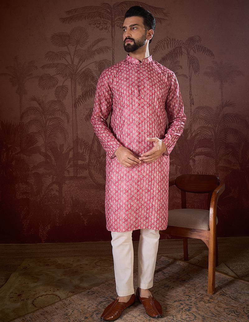 Men pink silk blend ethnic motifs printed straight kurta