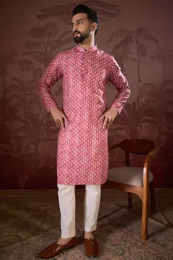 Men pink silk blend ethnic motifs printed straight kurta
