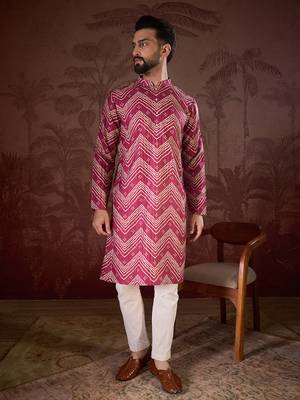 Men magenta silk blend chevron printed straight kurta 3