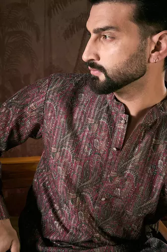 Men purple silk blend ethnic motifs printed straight kurta