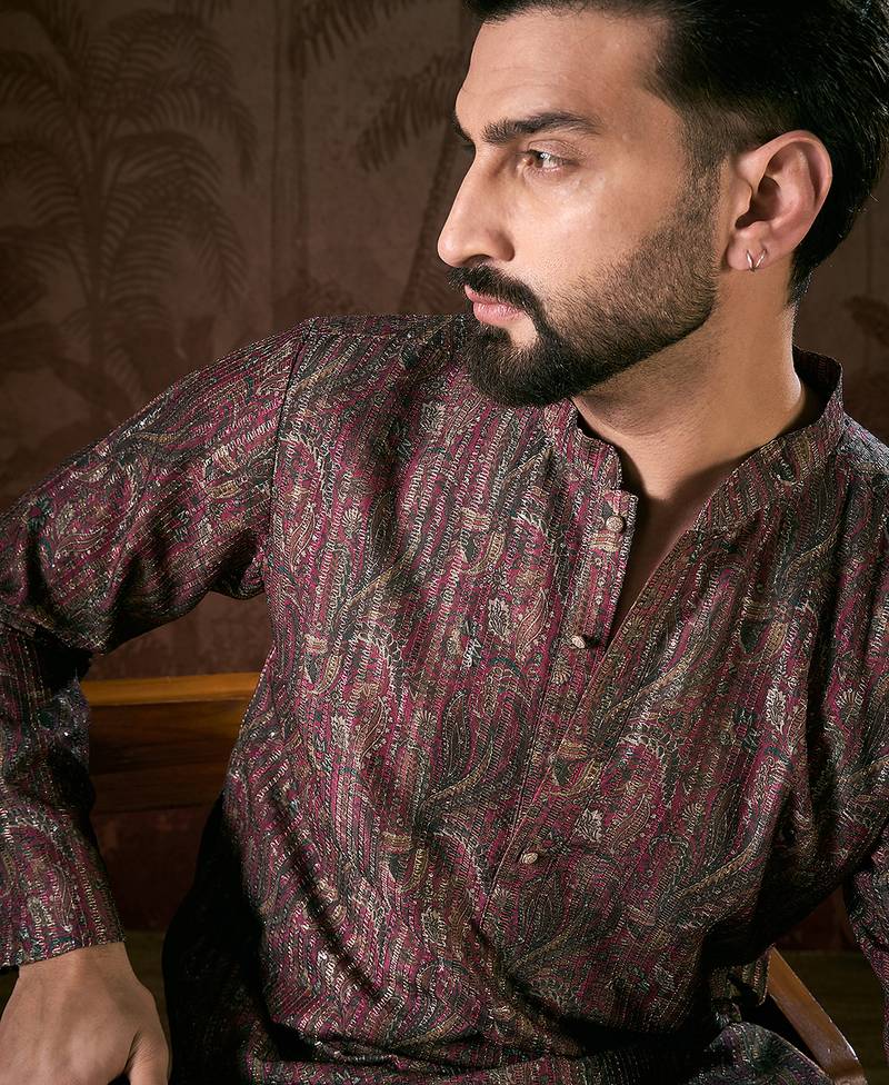 Men purple silk blend ethnic motifs printed straight kurta