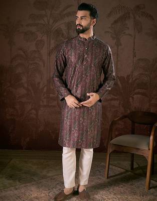 Men purple silk blend ethnic motifs printed straight kurta 3