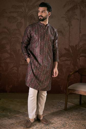 Men purple silk blend ethnic motifs printed straight kurta