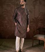 Men purple silk blend ethnic motifs printed straight kurta