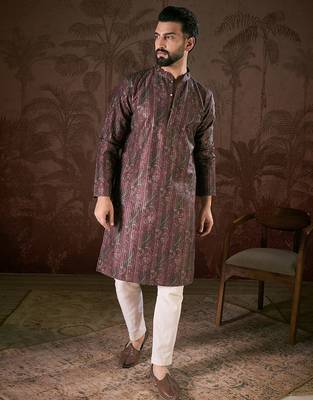 Men purple silk blend ethnic motifs printed straight kurta 5