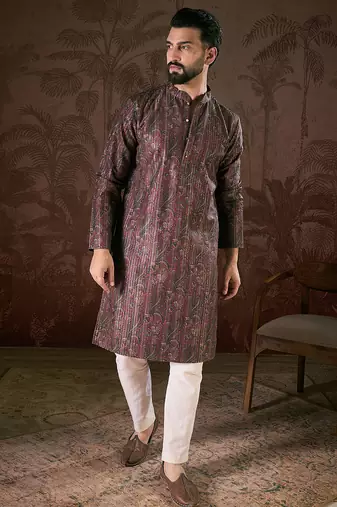 Men purple silk blend ethnic motifs printed straight kurta