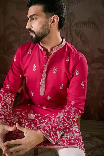 Men pink silk blend solid embroidered straight kurta
