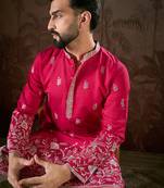 Men pink silk blend solid embroidered straight kurta