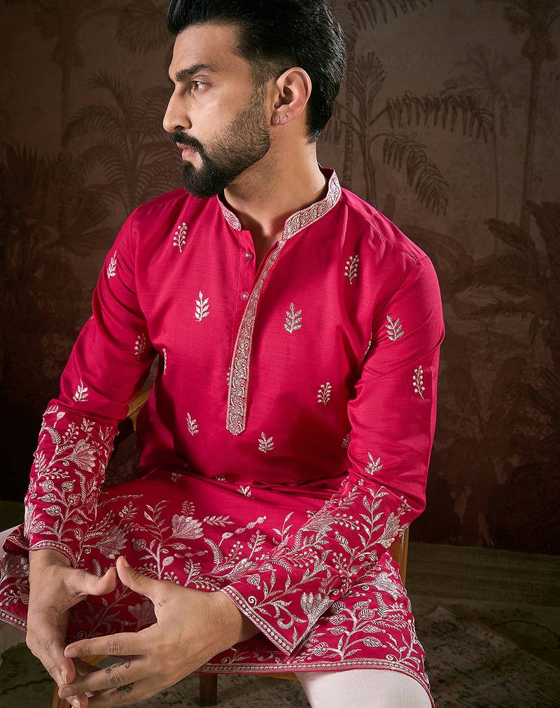 Men pink silk blend solid embroidered straight kurta