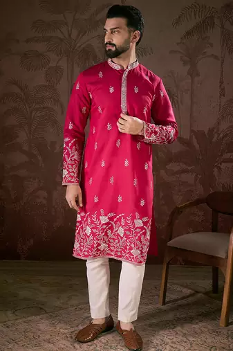 Men pink silk blend solid embroidered straight kurta
