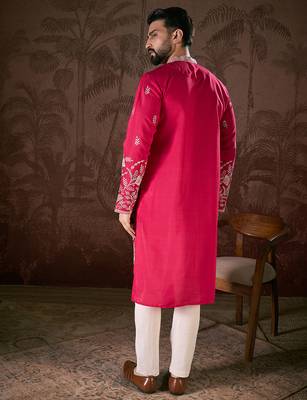 Men pink silk blend solid embroidered straight kurta 4