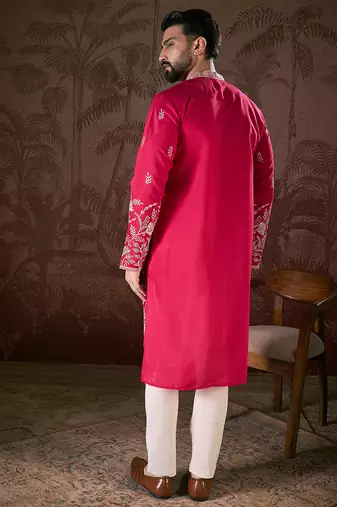 Men pink silk blend solid embroidered straight kurta