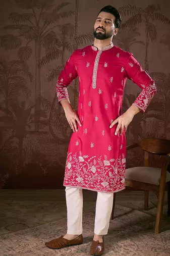 Men pink silk blend solid embroidered straight kurta