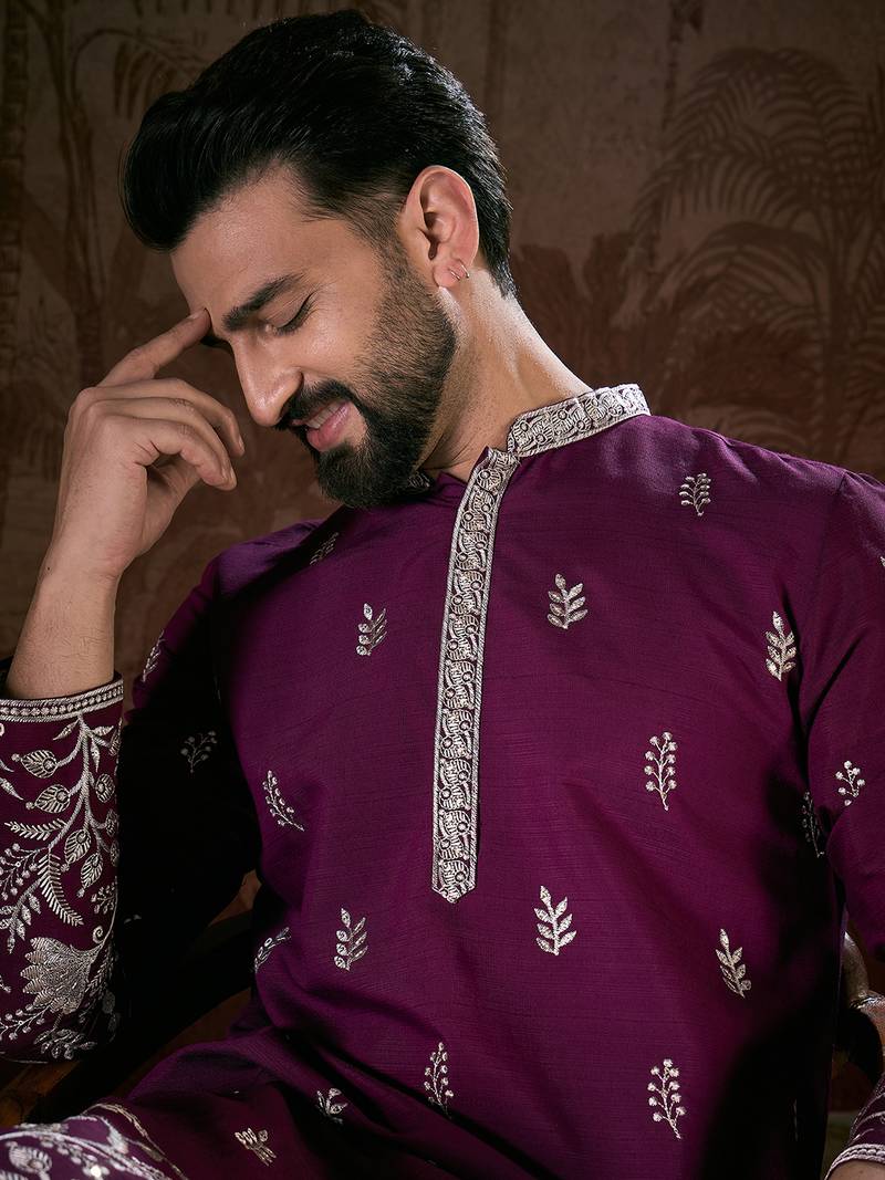 Men purple silk blend solid embroidered straight kurta