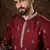 Men maroon silk blend solid embroidered straight kurta