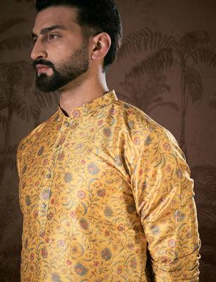 Men yellow silk blend floral printed straight kurta 1