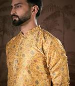 Men yellow silk blend floral printed straight kurta