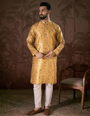 Men yellow silk blend floral printed straight kurta 2