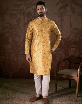 Men yellow silk blend floral printed straight kurta 5