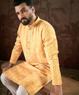 Men yellow silk blend ethnic motifs printed straight kurta 3