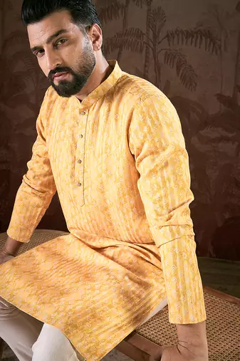 Men yellow silk blend ethnic motifs printed straight kurta