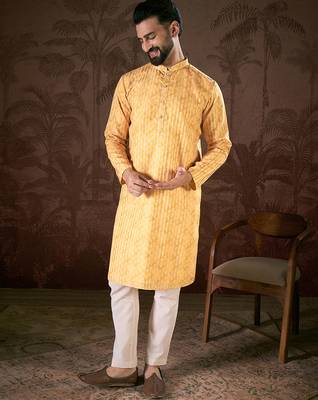 Men yellow silk blend ethnic motifs printed straight kurta 5