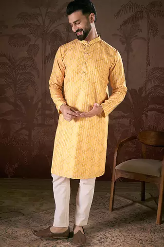 Men yellow silk blend ethnic motifs printed straight kurta