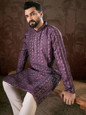 Men purple silk blend ethnic motifs printed straight kurta 1