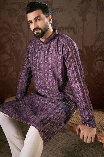 Men purple silk blend ethnic motifs printed straight kurta