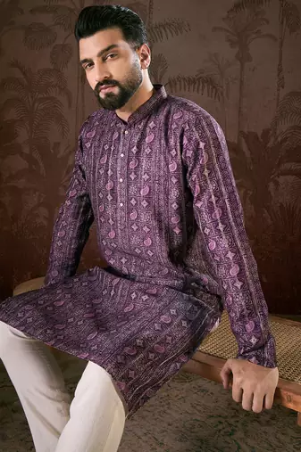 Men purple silk blend ethnic motifs printed straight kurta