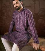 Men purple silk blend ethnic motifs printed straight kurta