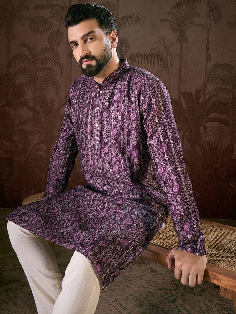 Men purple silk blend ethnic motifs printed straight kurta