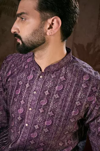 Men purple silk blend ethnic motifs printed straight kurta