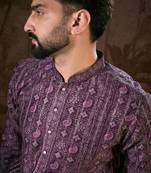Men purple silk blend ethnic motifs printed straight kurta
